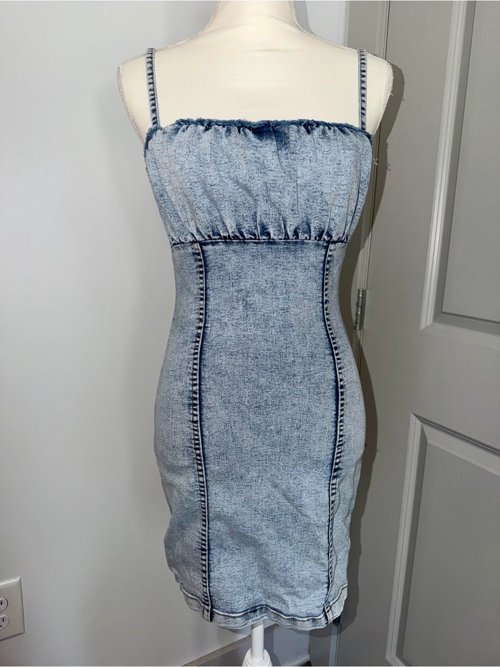 H&M Divided Spaghetti Ruffled Trim Light-wash Acid Denim Bodycon Mini Dres